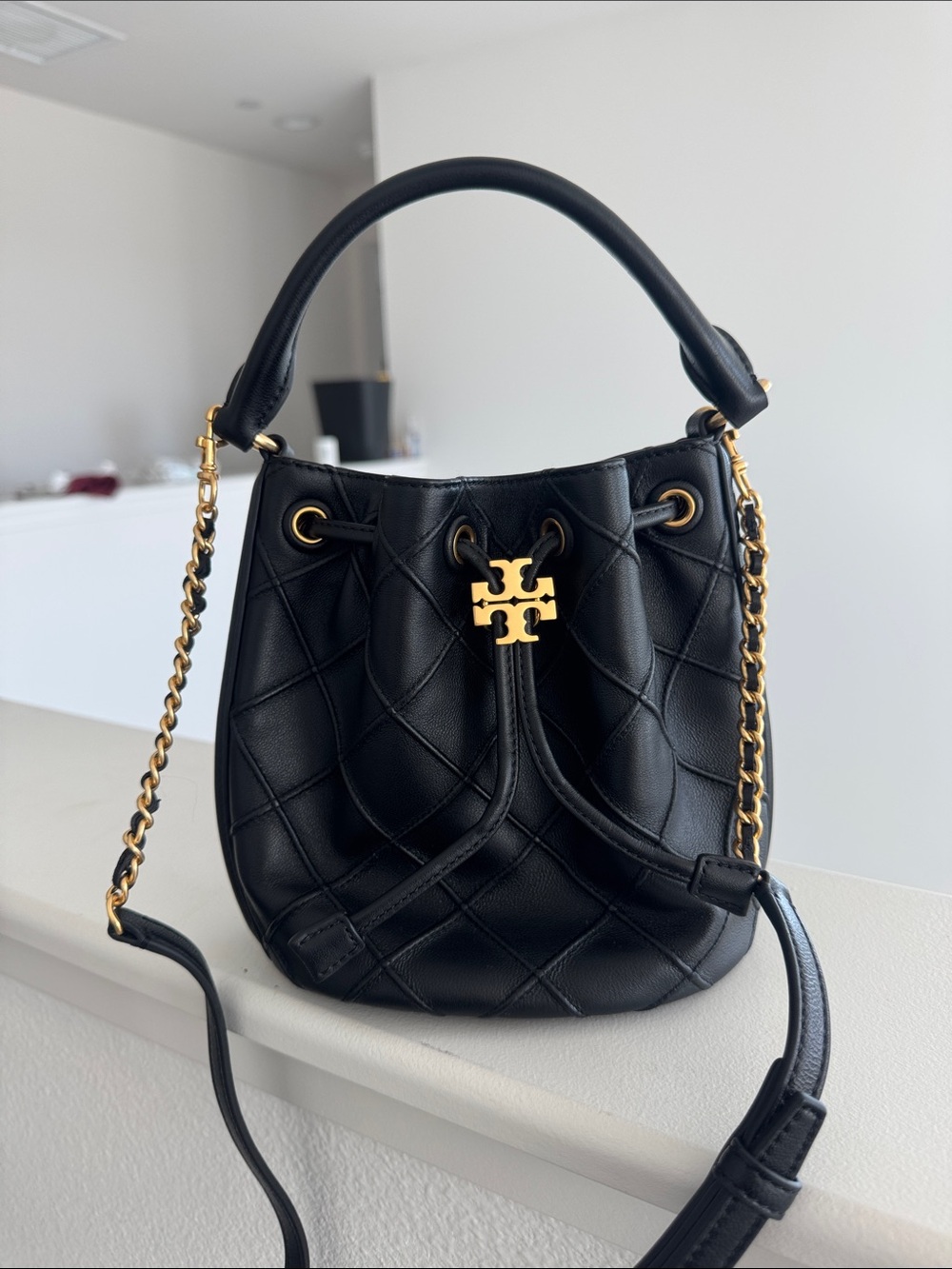Tory Burch Black Quilted Leather Mini Drawstring Bucket Bag with Gold Hardware - Picture 3 of 5